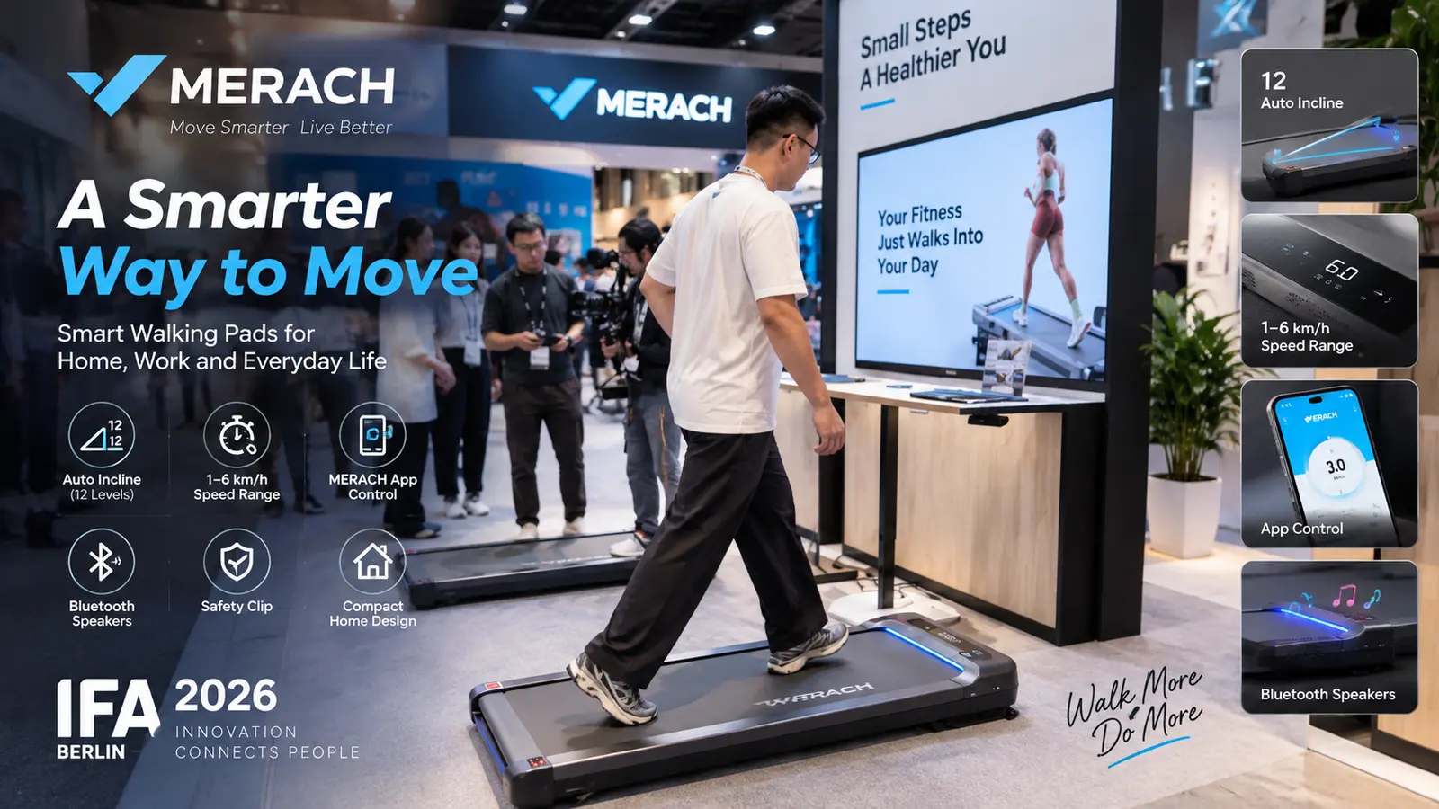 MERACH at IFA 2026: A Smart Walking Pad With Auto Incline, App Control and Bluetooth Audio